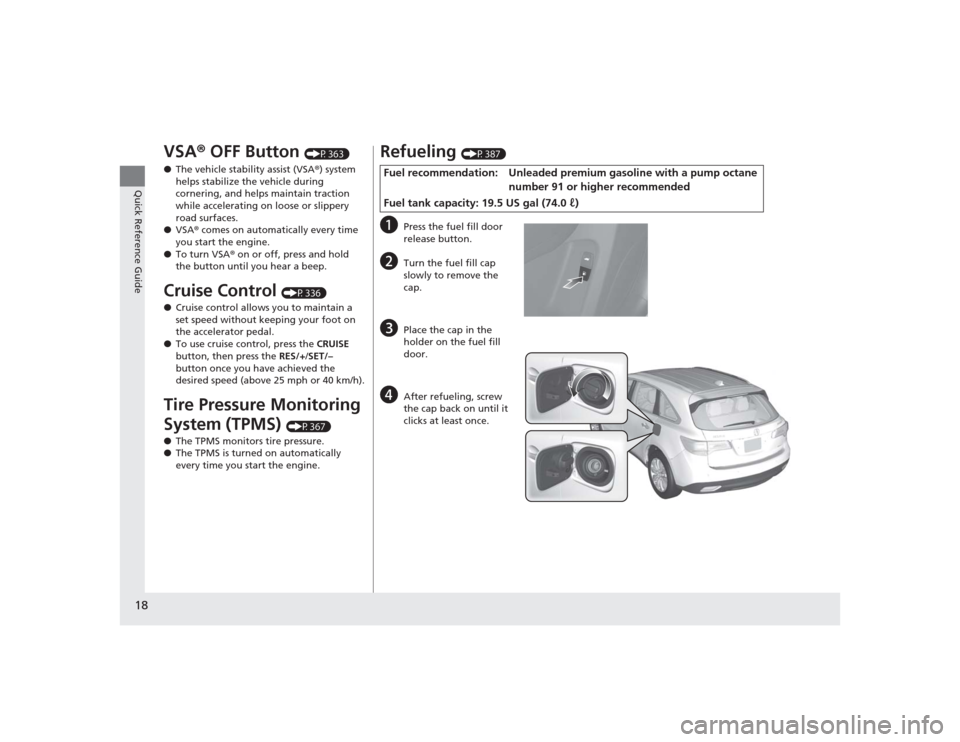 Acura MDX 2015  Owners Manual 18Quick Reference Guide
VSA® OFF Button 
(P363)
● The vehicle stability assist (VSA ®) system 
helps stabilize the vehicle during 
cornering, and helps maintain traction 
while accelerating on loo