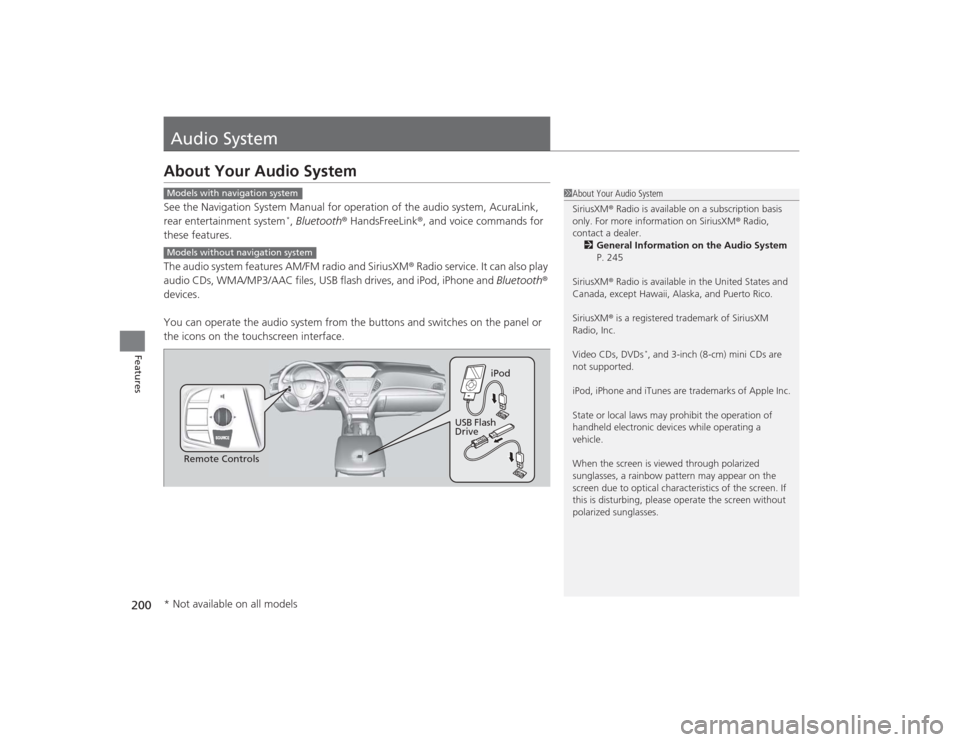 Acura MDX 2015  Owners Manual 200Features
Audio SystemAbout Your Audio SystemSee the Navigation System Manual for operation of the audio system, AcuraLink, 
rear entertainment system
*, Bluetooth ® HandsFreeLink ®, and voice com