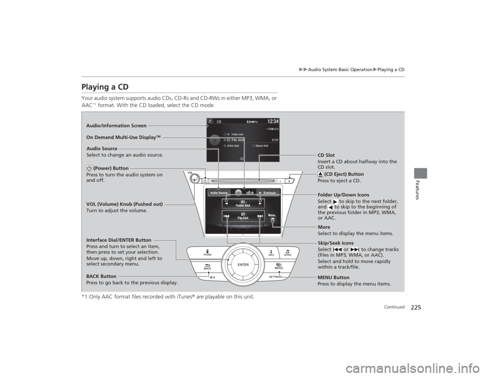 Acura MDX 2015 Repair Manual 225
uuAudio System Basic Operation uPlaying a CD
Continued
Features
Playing a CDYour audio system supports audio CDs, CD-Rs and CD-RWs in either MP3, WMA, or
AAC
*1 format. With the CD loaded, select Acura MDX 2015 Repair Manual 225
uuAudio System Basic Operation uPlaying a CD
Continued
Features
Playing a CDYour audio system supports audio CDs, CD-Rs and CD-RWs in either MP3, WMA, or
AAC
*1 format. With the CD loaded, select