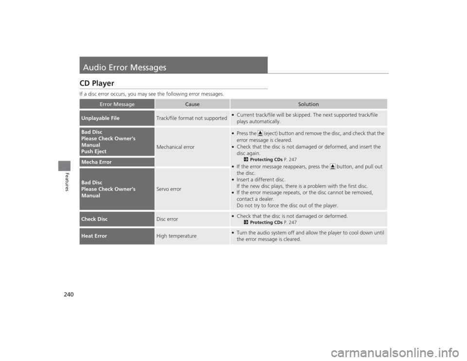 Acura MDX 2015 Owners Manual 240Features
Audio Error MessagesCD PlayerIf a disc error occurs, you may see the following error messages.
Error Message
Cause
Solution
Unplayable File
Track/file format not supported
●Current track Acura MDX 2015 Owners Manual 240Features
Audio Error MessagesCD PlayerIf a disc error occurs, you may see the following error messages.
Error Message
Cause
Solution
Unplayable File
Track/file format not supported
●Current track