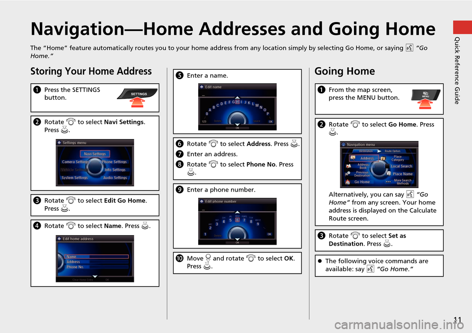 Acura MDX 2015  Navigation Manual 11
Quick Reference GuideNavigation—Home Addresses and Going Home
The “Home” feature automatically routes you to your home address from any location simply by selecting Go Home, or saying d “Go