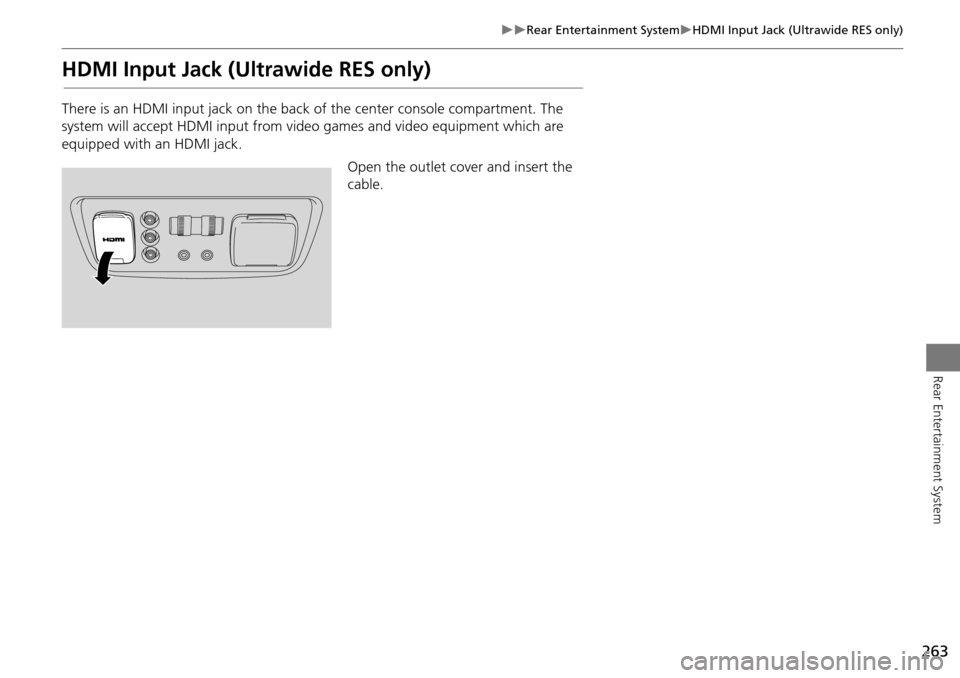 Acura MDX 2015  Navigation Manual 263
Rear Entertainment SystemHDMI Input Jack (Ultrawide RES only)
Rear Entertainment System
HDMI Input Jack (Ultrawide RES only)
There is an HDMI input jack on the back of the center console 