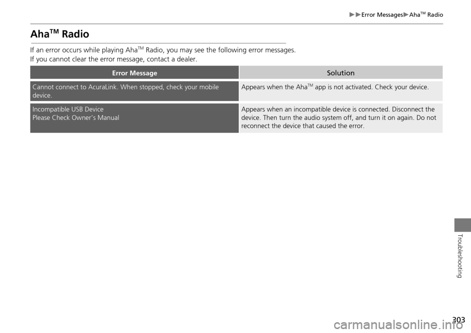 Acura MDX 2015 Navigation Manual 303
Error MessagesAhaTM Radio
Troubleshooting
AhaTM Radio
If an error occurs while playing AhaTM Radio, you may see the following error messages.
If you cannot clear the erro r message, conta Acura MDX 2015 Navigation Manual 303
Error MessagesAhaTM Radio
Troubleshooting
AhaTM Radio
If an error occurs while playing AhaTM Radio, you may see the following error messages.
If you cannot clear the erro r message, conta