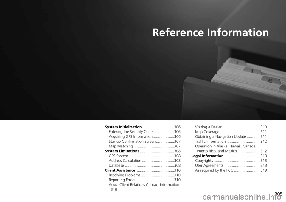 Acura MDX 2015  Navigation Manual 305
Reference Information
System Initialization..............................306
Entering the Security Code ....................306
Acquiring GPS Information ....................306
Startup Confirmati