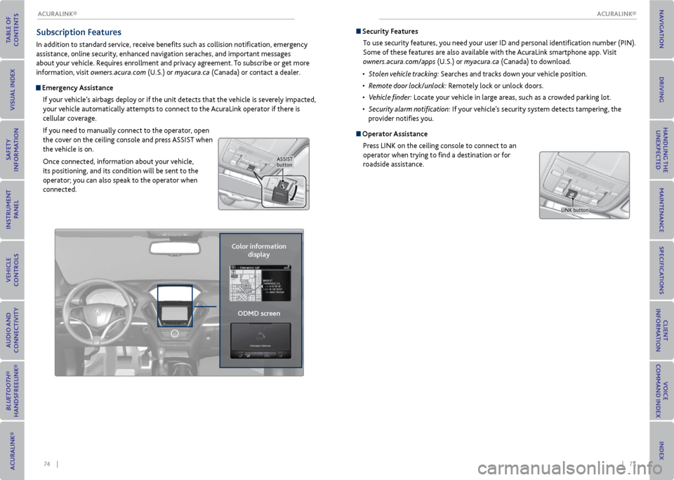 Acura MDX 2015 Service Manual 74     ||    75
Subscription Features
In addition to standard service, receive benefits such as collision notification, emergency 
assistance, online security, enhanced navigation seraches, and import
