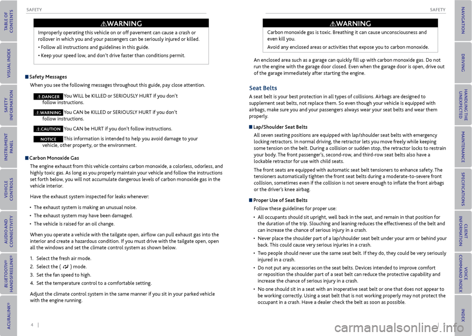 Acura MDX 2015  Owners Guide 4    ||    5
       SAFeTy
SAFeTy
  Carbon  monoxide Gas
The engine exhaust from this vehicle contains carbon monoxide, a colorless, odorless, and 
highly toxic gas. As long as you properly maintain y