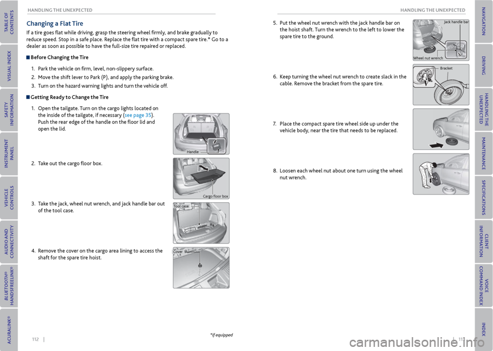 Acura MDX 2015  Owners Guide 112    ||    113
       HANDLING THe UNexPeCTeD
HANDLING THe UNexPeCTeD
Changing a Flat Tire
If a tire goes flat while driving, grasp the steering wheel firmly, and brake gradually to 
reduce speed. S