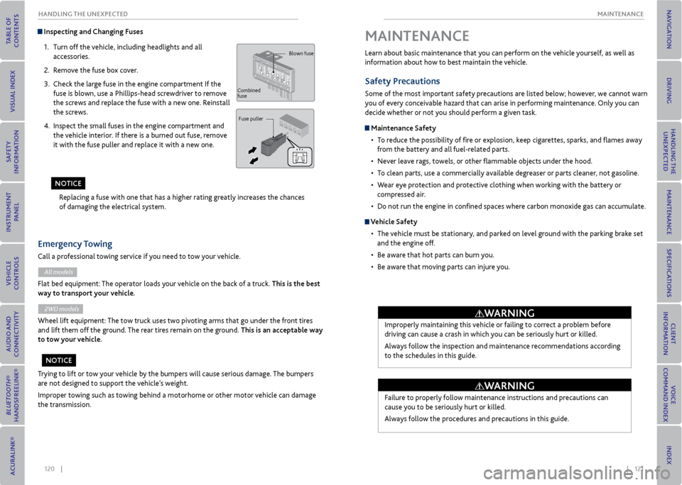 Acura MDX 2015  Owners Guide 120    ||    121
       mAINTeNANCe
HANDLING THe UNexPeCTeD
 Inspecting and  Changing Fuses
1.  Turn off the vehicle, including headlights and all 
accessories.
2.  Remove the fuse box cover.
3.  Chec