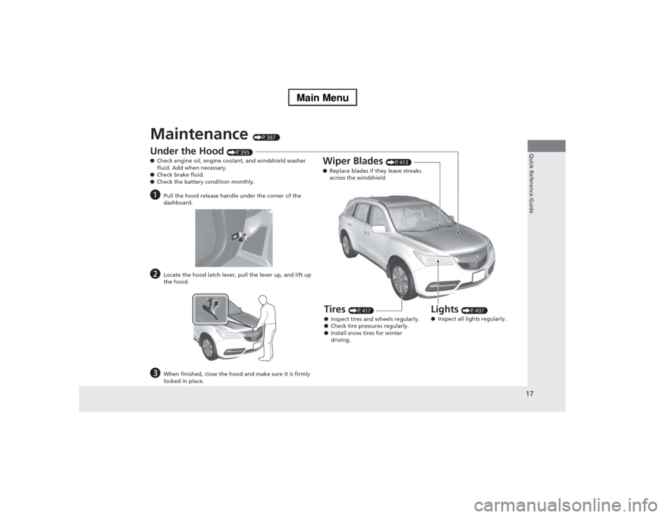 Acura MDX 2014  Owners Manual 17Quick Reference Guide
Maintenance 
(P387 )
Under the Hood 
(P395)
●Check engine oil, engine coolant, and windshield washer 
fluid. Add when necessary.
●Check brake fluid.
●Check the battery co