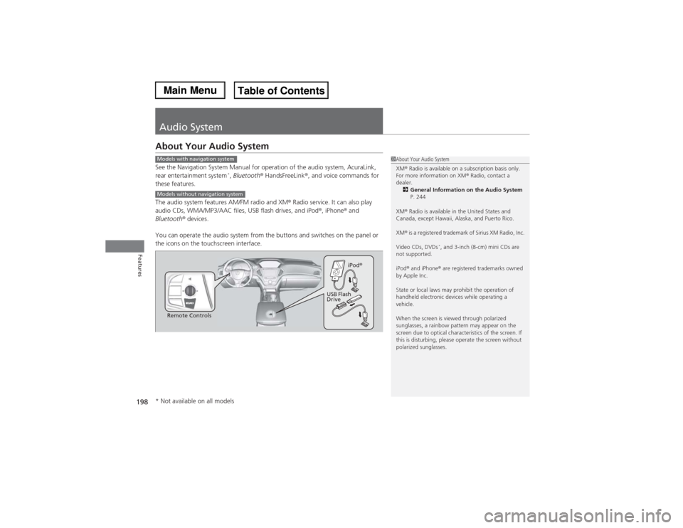 Acura MDX 2014 Owners Manual 198Features
Audio SystemAbout Your Audio SystemSee the Navigation System Manual for operation of the audio system, AcuraLink,
rear entertainment system
*, Bluetooth® HandsFreeLink®, and voice comma Acura MDX 2014 Owners Manual 198Features
Audio SystemAbout Your Audio SystemSee the Navigation System Manual for operation of the audio system, AcuraLink,
rear entertainment system
*, Bluetooth® HandsFreeLink®, and voice comma