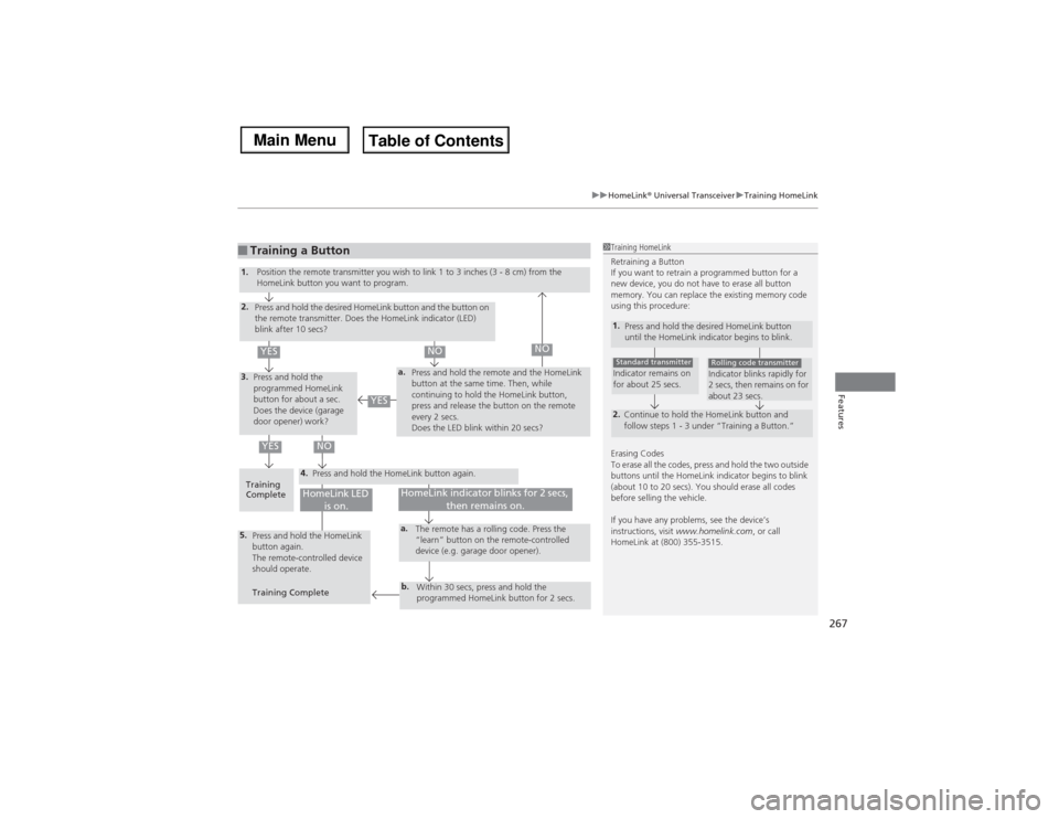 Acura MDX 2014 Owners Guide 267
uuHomeLink® Universal TransceiveruTraining HomeLink
Features
■Training a Button
1Training HomeLink
Retraining a Button
If you want to retrain a programmed button for a
new device, you do not h Acura MDX 2014 Owners Guide 267
uuHomeLink® Universal TransceiveruTraining HomeLink
Features
■Training a Button
1Training HomeLink
Retraining a Button
If you want to retrain a programmed button for a
new device, you do not h