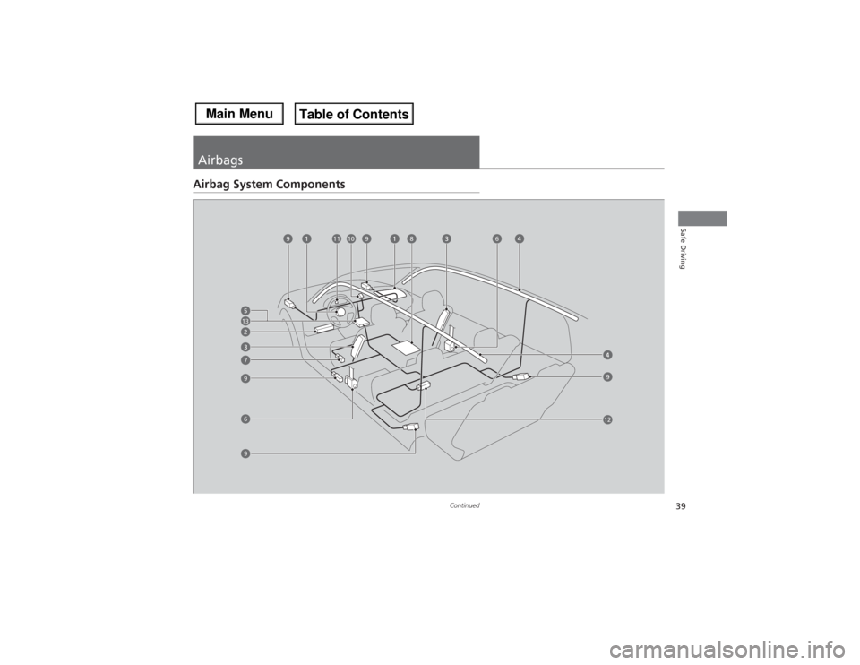 Acura MDX 2014 Owners Guide 39
Continued
Safe Driving
AirbagsAirbag System Components
13
6
7
8
10
11
9
9
9
96
12
9 