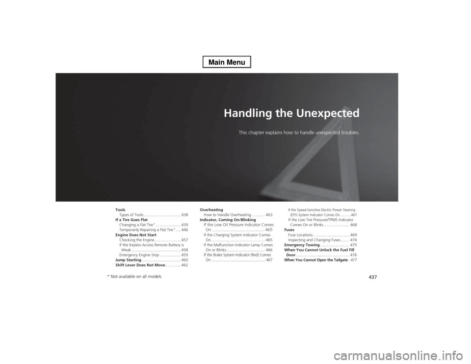 Acura MDX 2014  Owners Manual 437
Handling the Unexpected
This chapter explains how to handle unexpected troubles.
Tools
Types of Tools .................................. 438
If a Tire Goes Flat
Changing a Flat Tire
*.............