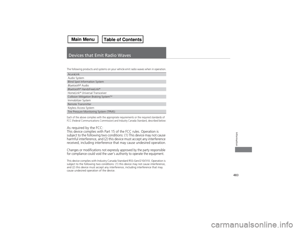 Acura MDX 2014  Owners Manual 483Information
Devices that Emit Radio WavesThe following products and systems on your vehicle emit radio waves when in operation.Each of the above complies with the appropriate requirements or the re