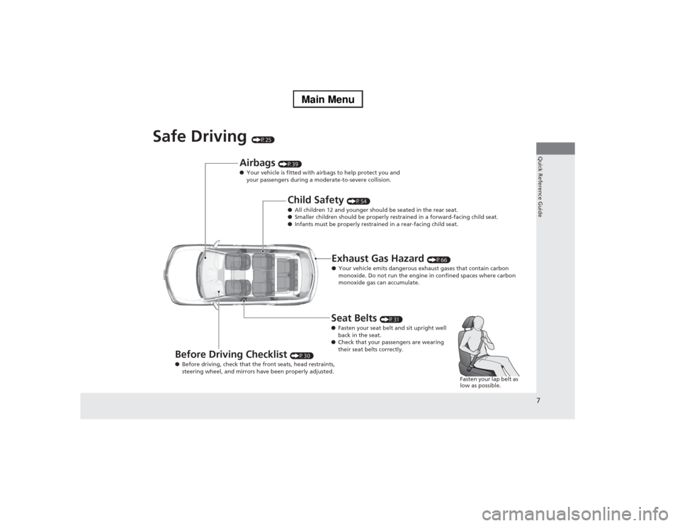 Acura MDX 2014  Owners Manual 7Quick Reference Guide
Safe Driving 
(P25)
Airbags 
(P39)
●Your vehicle is fitted with airbags to help protect you and 
your passengers during a moderate-to-severe collision.
Child Safety 
(P54)
●