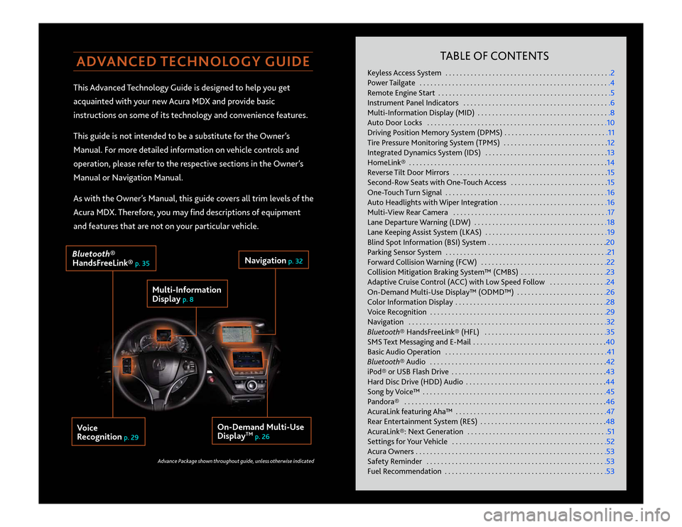 Acura MDX 2014  Advanced Technology Guide ADVANCED TECHNOLOGY GUIDEThis Advanced Technology Guide is designed to help you get
acquainted with your new Acura MDX and provide basic
instructions on some of its technology and convenience features