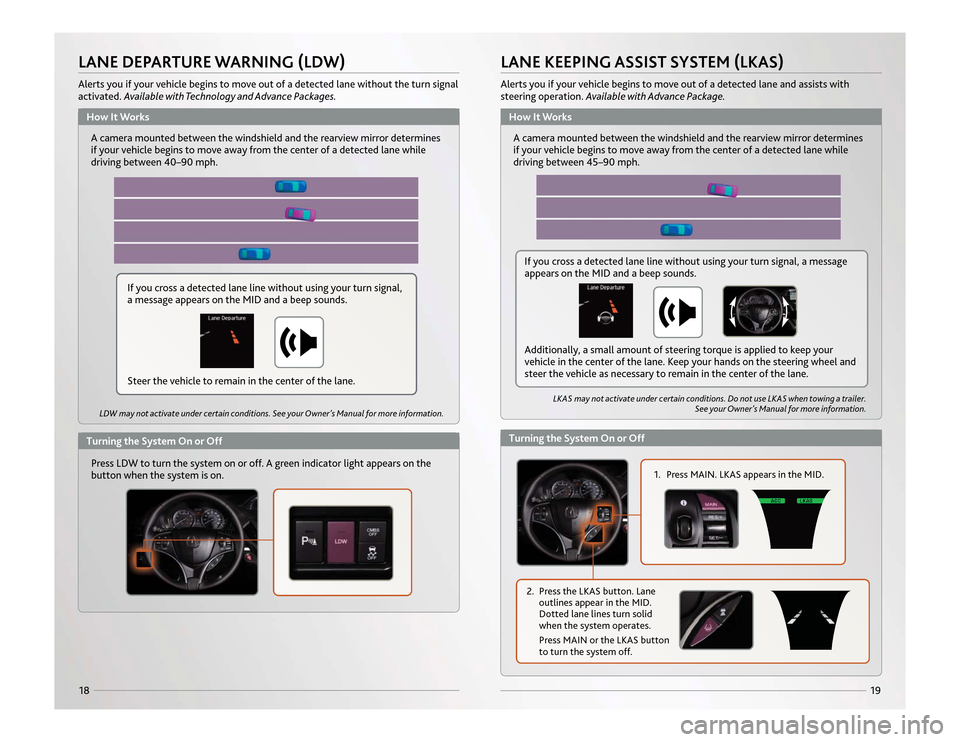 Acura MDX 2014 Advanced Technology Guide 19
18LANE DEPARTURE WARNING (LDW)Alerts you if your vehicle begins to move out of a detected lane without the turn signal
activated. Available with Technology and Advance Packages.
A camera mounted be Acura MDX 2014 Advanced Technology Guide 19
18LANE DEPARTURE WARNING (LDW)Alerts you if your vehicle begins to move out of a detected lane without the turn signal
activated. Available with Technology and Advance Packages.
A camera mounted be