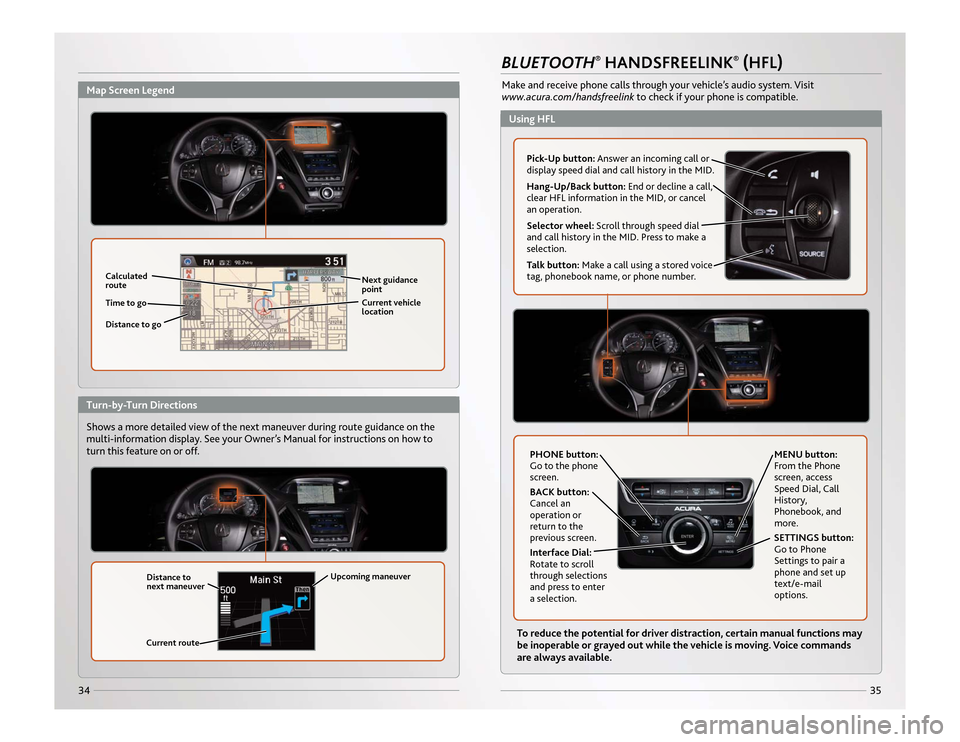Acura MDX 2014  Advanced Technology Guide 35
34Shows a more detailed view of the next maneuver during route guidance on the
multi-information display. See your Owner’s Manual for instructions on how to
turn this feature on or off.
BLUETOOTH