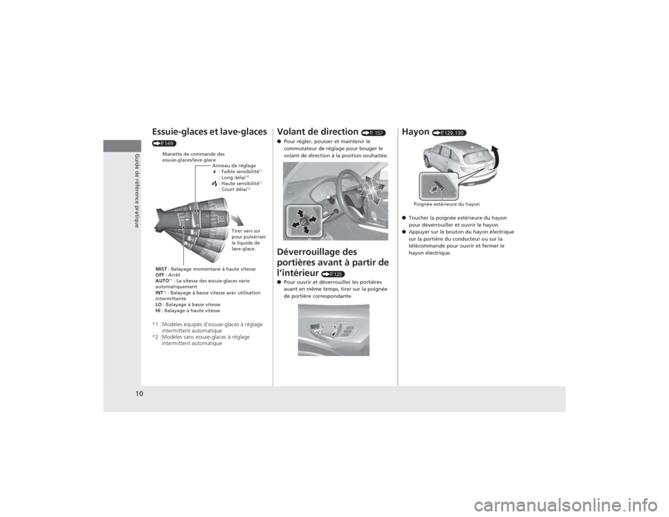 Acura MDX 2014 Manuel du propriétaire (in French) 10Guide de référence pratique
Essuie-glaces et lave-glaces (P149)*1 : Modèles équipés d’essuie-glaces à réglage
intermittent automatique
*2 : Modèles sans essuie-glaces à réglage
intermi Acura MDX 2014 Manuel du propriétaire (in French) 10Guide de référence pratique
Essuie-glaces et lave-glaces (P149)*1 : Modèles équipés d’essuie-glaces à réglage
intermittent automatique
*2 : Modèles sans essuie-glaces à réglage
intermi