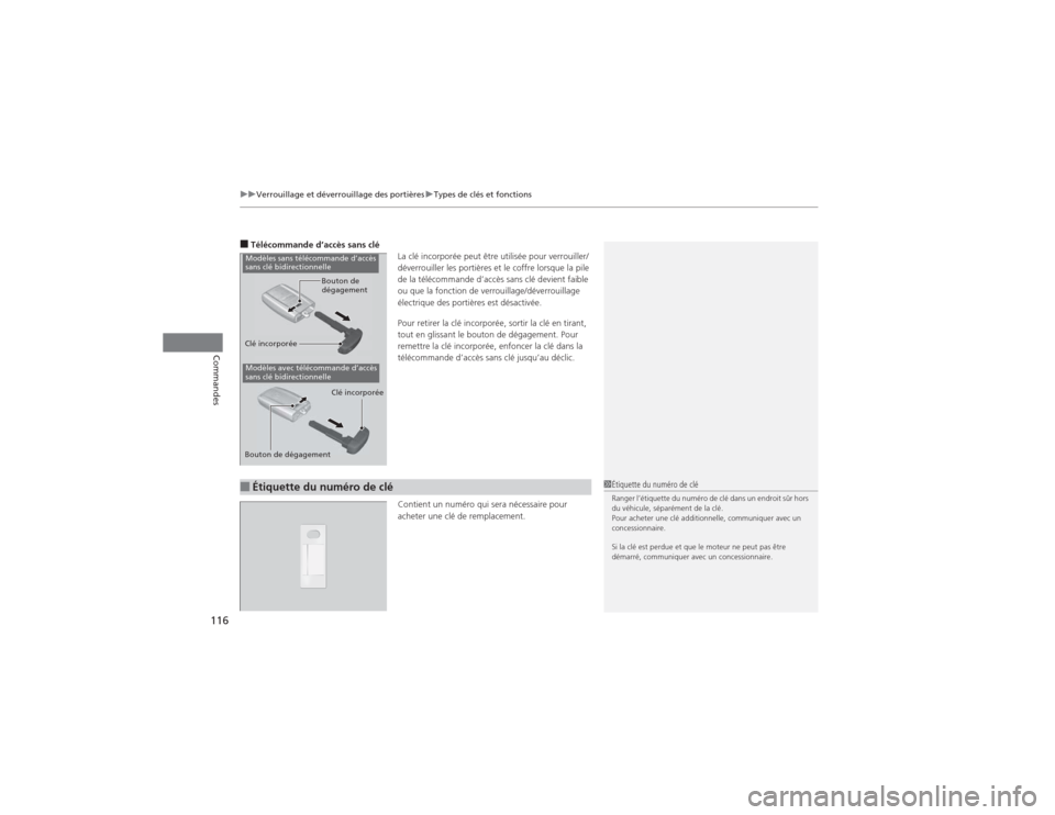 Acura MDX 2014  Manuel du propriétaire (in French) uuVerrouillage et déverrouillage des portièresuTypes de clés et fonctions
116Commandes
■Télécommande d’accès sans clé
La clé incorporée peut être utilisée pour verrouiller/
déverrouill