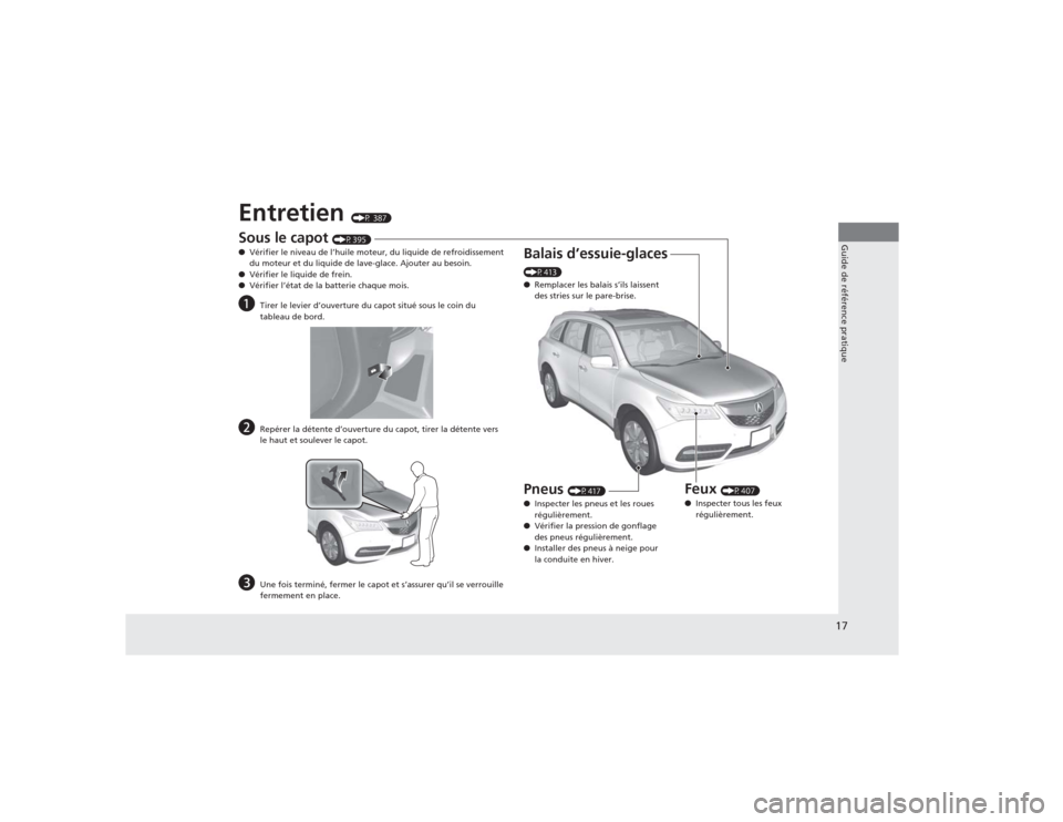 Acura MDX 2014 Manuel du propriétaire (in French) 17Guide de référence pratique
Entretien
(P 387)
Sous le capot
(P395)
●Vérifier le niveau de l’huile moteur, du liquide de refroidissement
du moteur et du liquide de lave-glace. Ajouter au be Acura MDX 2014 Manuel du propriétaire (in French) 17Guide de référence pratique
Entretien
(P 387)
Sous le capot
(P395)
●Vérifier le niveau de l’huile moteur, du liquide de refroidissement
du moteur et du liquide de lave-glace. Ajouter au be