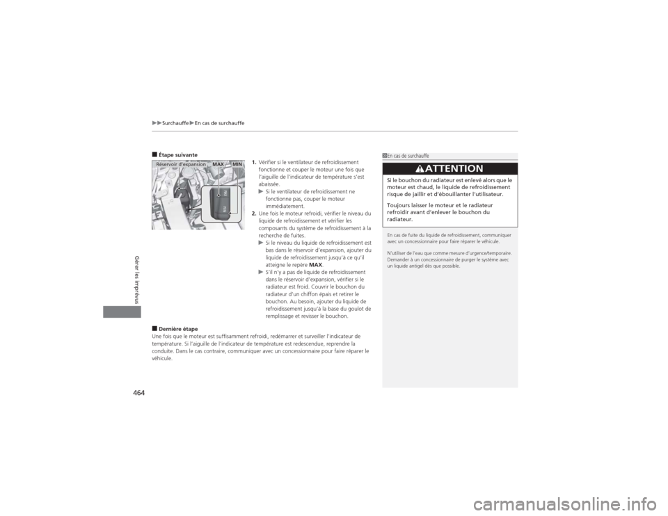 Acura MDX 2014 Manuel du propriétaire (in French) uuSurchauffeuEn cas de surchauffe
464Gérer les imprévus
■Étape suivante
1.Vérifier si le ventilateur de refroidissement
fonctionne et couper le moteur une fois que
l’aiguille de l’indicate Acura MDX 2014 Manuel du propriétaire (in French) uuSurchauffeuEn cas de surchauffe
464Gérer les imprévus
■Étape suivante
1.Vérifier si le ventilateur de refroidissement
fonctionne et couper le moteur une fois que
l’aiguille de l’indicate