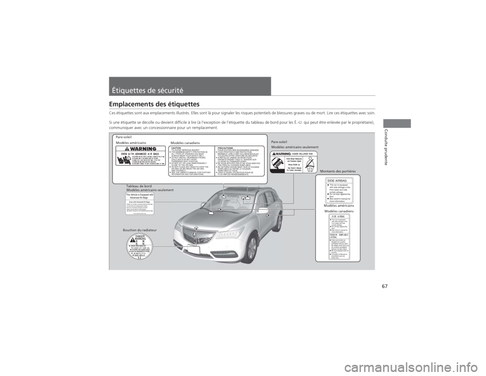 Acura MDX 2014 Manuel du propriétaire (in French) 67Conduite prudente
Étiquettes de sécuritéEmplacements des étiquettesCes étiquettes sont aux emplacements illustrés. Elles sont là pour signaler les risques potentiels de blessures graves ou de Acura MDX 2014 Manuel du propriétaire (in French) 67Conduite prudente
Étiquettes de sécuritéEmplacements des étiquettesCes étiquettes sont aux emplacements illustrés. Elles sont là pour signaler les risques potentiels de blessures graves ou de