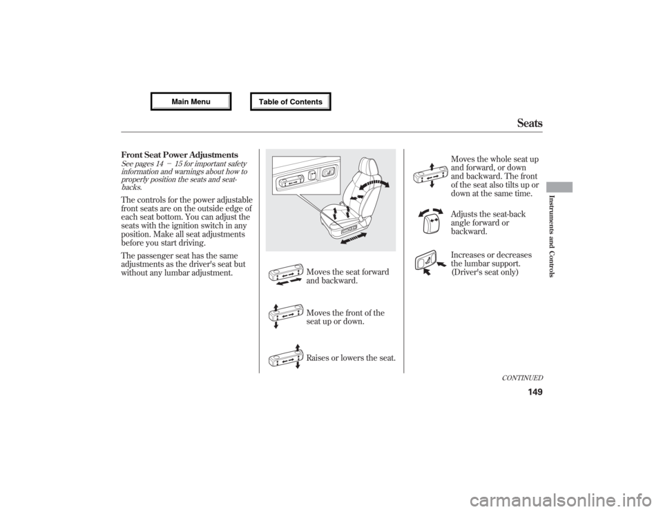 Acura MDX 2013  Owners Manual Front Seat Power AdjustmentsSee pages 14－15 for important safety
information and warnings about how to
properly position the seats and seat-
backs.The controls for the power adjustable
front seats a