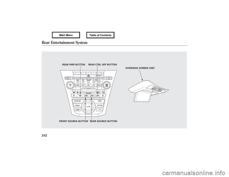 Acura MDX 2013 Owners Manual REAR PWR BUTTON REAR CTRL OFF BUTTON
FRONT SOURCE BUTTON REAR SOURCE BUTTONOVERHEAD SCREEN UNIT
Rear Entertainment System31212/07/17 18:10:57 13 ACURA MDX MMC North America Owners M 50 31STX660 enu Acura MDX 2013 Owners Manual REAR PWR BUTTON REAR CTRL OFF BUTTON
FRONT SOURCE BUTTON REAR SOURCE BUTTONOVERHEAD SCREEN UNIT
Rear Entertainment System31212/07/17 18:10:57 13 ACURA MDX MMC North America Owners M 50 31STX660 enu