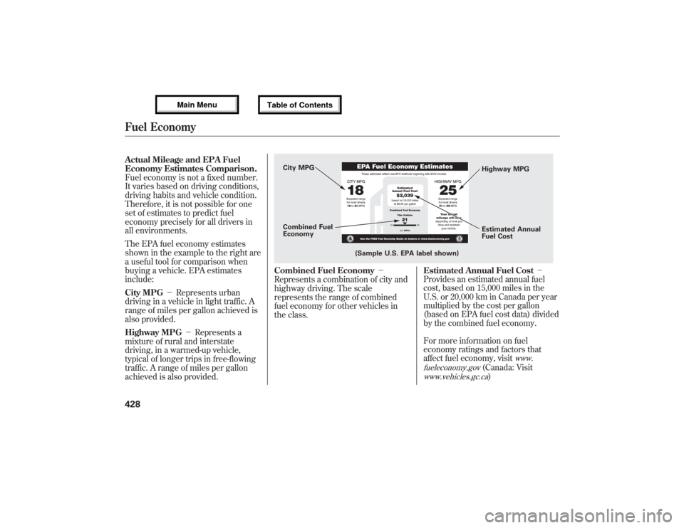 Acura MDX 2013  Owners Manual Actual Mileage and EPA Fuel
Economy Estimates Comparison.
Fuel economy is not a fixed number.
It varies based on driving conditions,
driving habits and vehicle condition.
Therefore, it is not possible