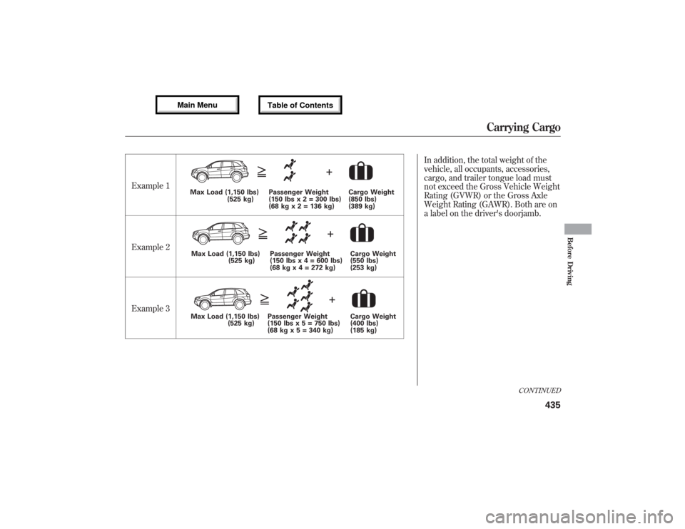 Acura MDX 2013 Owners Manual Example 1
Example 2
Example 3In addition, the total weight of the
vehicle, all occupants, accessories,
cargo, and trailer tongue load must
not exceed the Gross Vehicle Weight
Rating (GVWR) or the Gros Acura MDX 2013 Owners Manual Example 1
Example 2
Example 3In addition, the total weight of the
vehicle, all occupants, accessories,
cargo, and trailer tongue load must
not exceed the Gross Vehicle Weight
Rating (GVWR) or the Gros