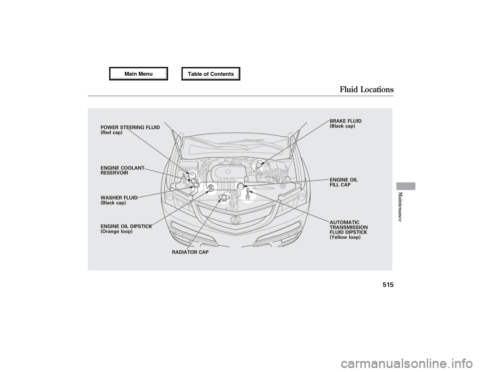 Acura MDX 2013  Owners Manual POWER STEERING FLUID
(Red cap)
ENGINE COOLANT
RESERVOIR
WASHER FLUID
(Black cap)
ENGINE OIL DIPSTICK
(Orange loop)
RADIATOR CAPAUTOMATIC
TRANSMISSION
FLUID DIPSTICK
(Yellow loop) ENGINE OIL
FILL CAP B