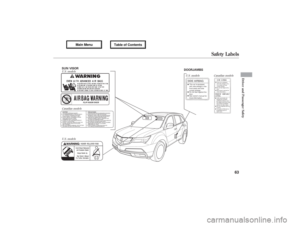 Acura MDX 2013 Repair Manual SUN VISORU.S. models
U.S. models
DOORJAMBSU.S. models Canadian models
Canadian models
Safety Labels
63
Driver and Passenger Safety
12/07/17 18:10:57 13 ACURA MDX MMC North America Owners M 50 31STX66 Acura MDX 2013 Repair Manual SUN VISORU.S. models
U.S. models
DOORJAMBSU.S. models Canadian models
Canadian models
Safety Labels
63
Driver and Passenger Safety
12/07/17 18:10:57 13 ACURA MDX MMC North America Owners M 50 31STX66