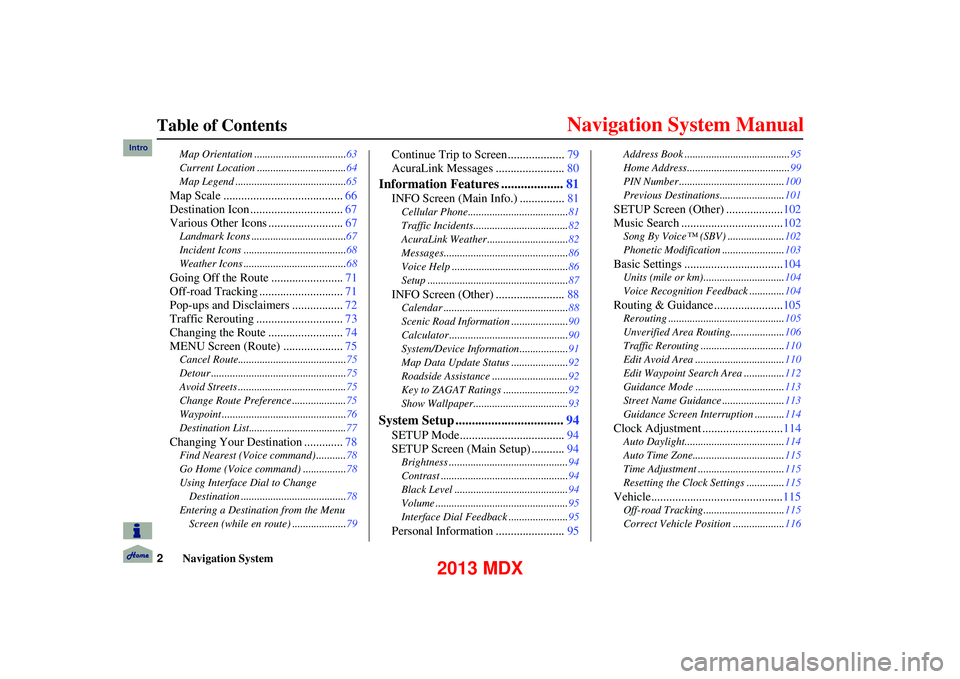 Acura MDX 2013  Navigation Manual 2Navigation System
Table of Contents
      
Map Orientation ..................................63
Current Location .................................64
Map Legend .......................................