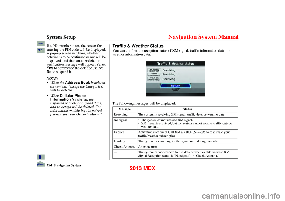Acura MDX 2013 Navigation Manual 124Navigation System
System Setup
If a PIN number is set, the screen for
entering the PIN code will be displayed.
A pop-up screen verifying whether
deletion is to be continued or not will be Acura MDX 2013 Navigation Manual 124Navigation System
System Setup
If a PIN number is set, the screen for
entering the PIN code will be displayed.
A pop-up screen verifying whether
deletion is to be continued or not will be