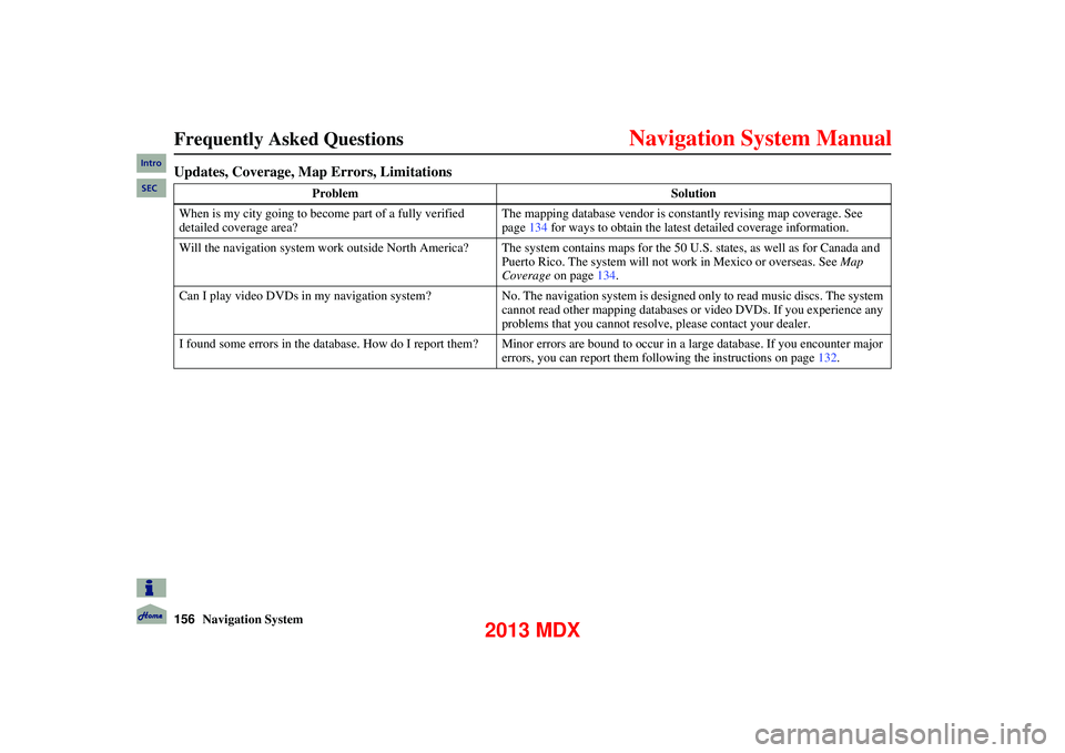 Acura MDX 2013 Navigation Manual 156Navigation System
Frequently Asked Questions
Updates, Coverage, Map Errors, Limitations
ProblemSolution
When is my city going to beco me part of a fully verified
detailed coverage area? The Acura MDX 2013 Navigation Manual 156Navigation System
Frequently Asked Questions
Updates, Coverage, Map Errors, Limitations
ProblemSolution
When is my city going to beco me part of a fully verified
detailed coverage area? The