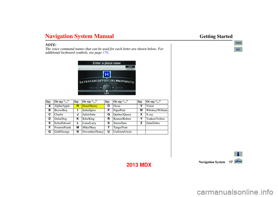 Acura MDX 2013 Navigation Manual Navigation System17
Getting Started
NOTE:
The voice command name s that can be used for each letter are shown below. For
additional keyboard sy mbols, see page176.
Say Or say “...” Say Or Acura MDX 2013 Navigation Manual Navigation System17
Getting Started
NOTE:
The voice command name s that can be used for each letter are shown below. For
additional keyboard sy mbols, see page176.
Say Or say “...” Say Or