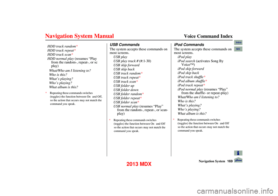 Acura MDX 2013 Navigation Manual Navigation System169
Voice Command Index
What/Who am I listening to?
Who is this?
What’s playing?
Who’s playing?
What album is this?
USB Commands
The system accepts these commands on
most Acura MDX 2013 Navigation Manual Navigation System169
Voice Command Index
What/Who am I listening to?
Who is this?
What’s playing?
Who’s playing?
What album is this?
USB Commands
The system accepts these commands on
most