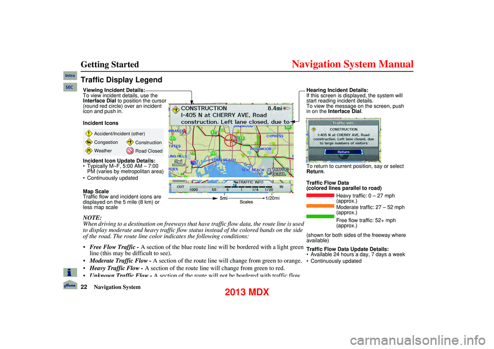 Acura MDX 2013 Navigation Manual 22Navigation System
Getting Started
Traffic Display Legend
20mi
Accident/Incident (other)
Congestion
WeatherConstruction
Road Closed
Viewing Incident Details:
To view incident details, use the Acura MDX 2013 Navigation Manual 22Navigation System
Getting Started
Traffic Display Legend
20mi
Accident/Incident (other)
Congestion
WeatherConstruction
Road Closed
Viewing Incident Details:
To view incident details, use the