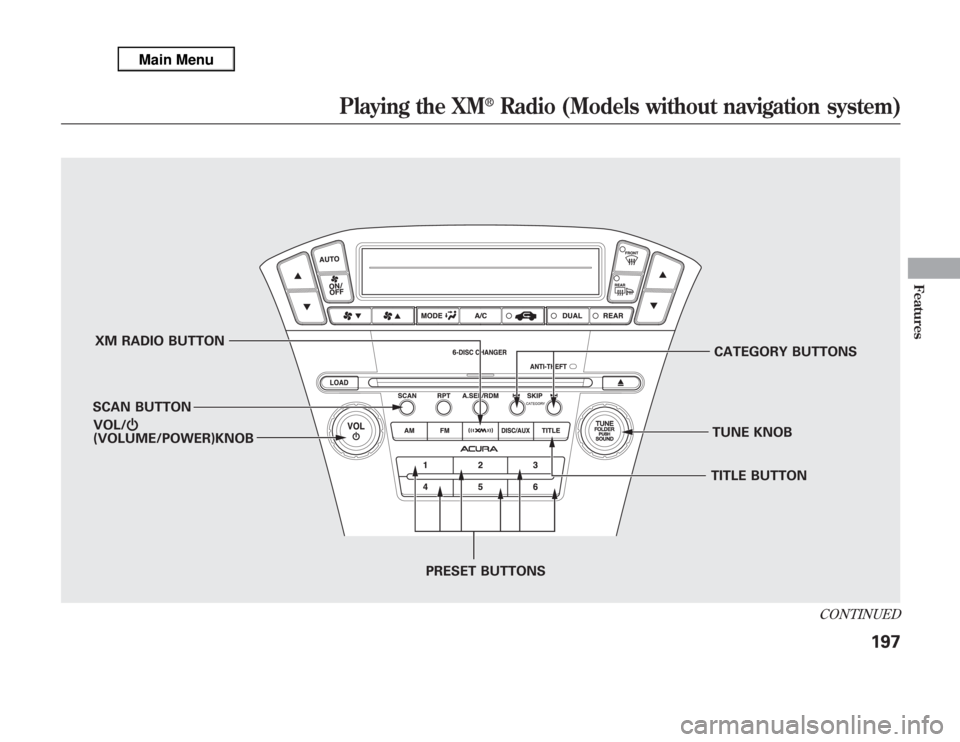 Acura MDX 2012 Owners Manual XM RADIO BUTTON
SCAN BUTTONCATEGORY BUTTONS
TUNE KNOB
PRESET BUTTONS VOL/Ⴛ
(VOLUME/POWER)KNOB
TITLE BUTTON
CONTINUED
Playing the XM
®
Radio (Models without navigation system)
197
Features Acura MDX 2012 Owners Manual XM RADIO BUTTON
SCAN BUTTONCATEGORY BUTTONS
TUNE KNOB
PRESET BUTTONS VOL/Ⴛ
(VOLUME/POWER)KNOB
TITLE BUTTON
CONTINUED
Playing the XM
®
Radio (Models without navigation system)
197
Features