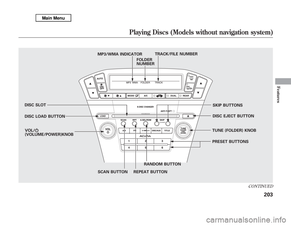 Acura MDX 2012 Owners Manual DISC SLOT
DISC LOAD BUTTON
SCAN BUTTON REPEAT BUTTONRANDOM BUTTONPRESET BUTTONS TUNE (FOLDER) KNOBDISC EJECT BUTTONSKIP BUTTONS MP3/WMA INDICATORTRACK/FILE NUMBER
FOLDER
NUMBER
VOL/Ⴛ
(VOLUME/POWER)K Acura MDX 2012 Owners Manual DISC SLOT
DISC LOAD BUTTON
SCAN BUTTON REPEAT BUTTONRANDOM BUTTONPRESET BUTTONS TUNE (FOLDER) KNOBDISC EJECT BUTTONSKIP BUTTONS MP3/WMA INDICATORTRACK/FILE NUMBER
FOLDER
NUMBER
VOL/Ⴛ
(VOLUME/POWER)K