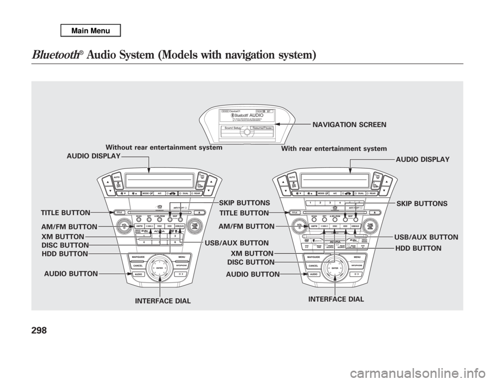 Acura MDX 2012 Owners Manual Without rear entertainment system
With rear entertainment systemNAVIGATION SCREEN
AUDIO DISPLAY
TITLE BUTTON
AUDIO BUTTON
INTERFACE DIALINTERFACE DIAL USB/AUX BUTTONSKIP BUTTONS
AUDIO BUTTON TITLE BUT Acura MDX 2012 Owners Manual Without rear entertainment system
With rear entertainment systemNAVIGATION SCREEN
AUDIO DISPLAY
TITLE BUTTON
AUDIO BUTTON
INTERFACE DIALINTERFACE DIAL USB/AUX BUTTONSKIP BUTTONS
AUDIO BUTTON TITLE BUT