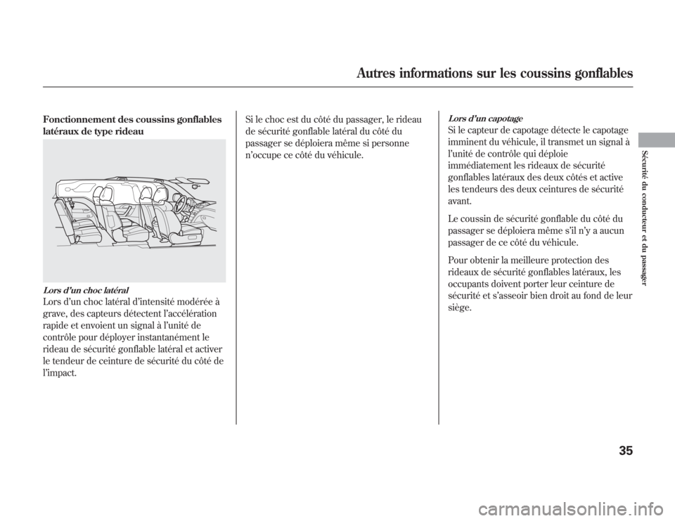 Acura MDX 2012  Manuel du propriétaire (in French) Fonctionnement des coussins gonflables
latéraux de type rideauLors d’un choc latéralLors d’un choc latéral d’intensité modérée à
grave, des capteurs détectent l’accélération
rapide e
