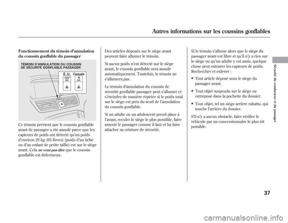 Acura MDX 2012  Manuel du propriétaire (in French) Fonctionnement du témoin d’annulation
du coussin gonflable du passagerCe témoin prévient que le coussin gonflable
avant de passager a été annulé parce que les
capteurs de poids ont détecté q
