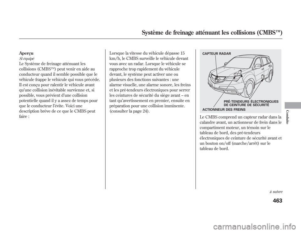 Acura MDX 2012  Manuel du propriétaire (in French) AperçuSi équipéLe Système de freinage atténuant les
collisions (CMBS
TM) peut venir en aide au
conducteur quand il semble possible que le
véhicule frappe le véhicule qui vous précède.
Il est 