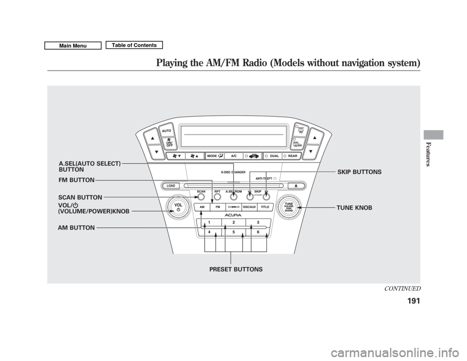 Acura MDX 2011  Owners Manual A.SEL(AUTO SELECT)
BUTTON
FM BUTTON
SCAN BUTTON
AM BUTTON SKIP BUTTONS
TUNE KNOB
PRESET BUTTONS
VOL/
ꂻ
(VOLUME/POWER)KNOB
CONTINUED
Playing the AM/FM Radio (Models without navigation system)
191
Fea