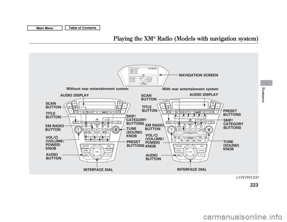 Acura MDX 2011 Owners Manual SCAN
BUTTON
XM RADIO
BUTTON VOL/ ꂻ
(VOLUME/
POWER)
KNOB
INTERFACE DIAL INTERFACE DIAL
PRESET
BUTTONS
Without rear entertainment system
SKIP/
CATEGORY
BUTTONS
TUNE
(SOUND)
KNOBSCAN
BUTTON
AUDIO
BUTTO Acura MDX 2011 Owners Manual SCAN
BUTTON
XM RADIO
BUTTON VOL/ ꂻ
(VOLUME/
POWER)
KNOB
INTERFACE DIAL INTERFACE DIAL
PRESET
BUTTONS
Without rear entertainment system
SKIP/
CATEGORY
BUTTONS
TUNE
(SOUND)
KNOBSCAN
BUTTON
AUDIO
BUTTO