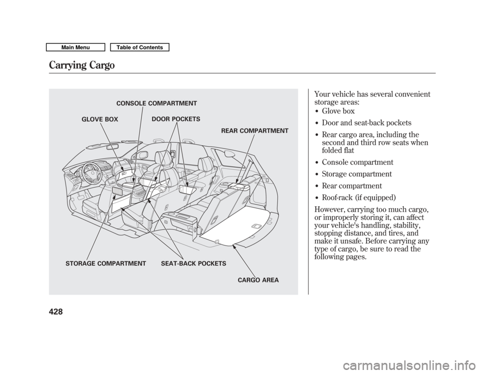 Acura MDX 2011  Owners Manual Your vehicle has several convenient
storage areas:●
Glove box
●
Door and seat-back pockets
●
Rear cargo area, including the
second and third row seats when
folded flat
●
Console compartment
�
