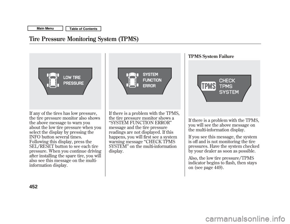 Acura MDX 2011  Owners Manual If any of the tires has low pressure,
the tire pressure monitor also shows
the above message to warn you
about the low tire pressure when you
select the display by pressing the
INFO button several tim