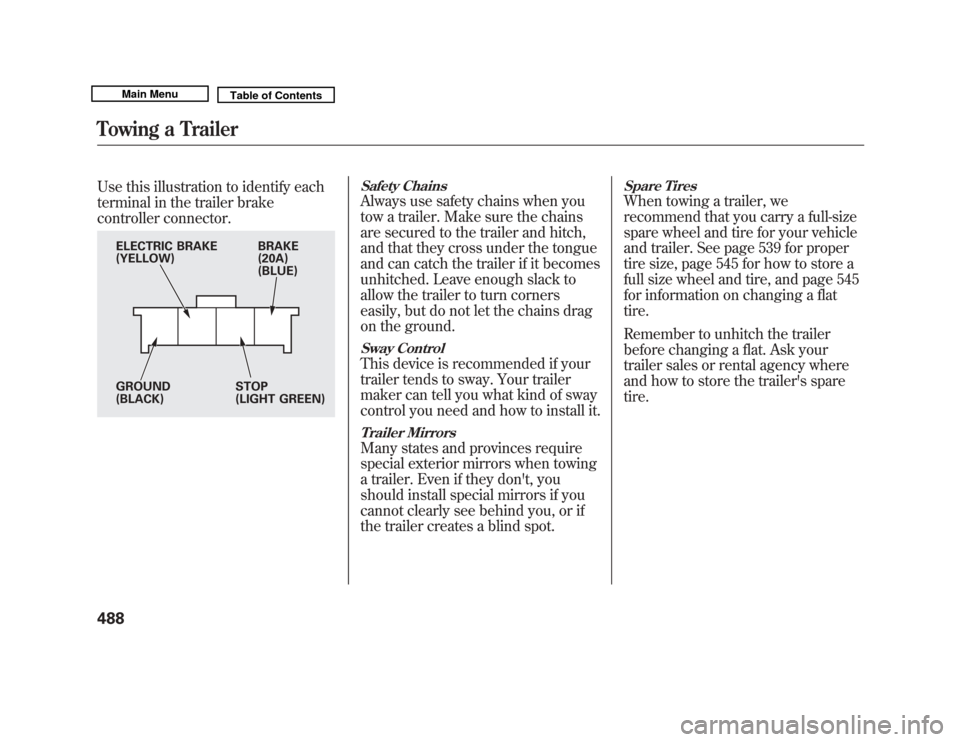 Acura MDX 2011  Owners Manual Use this illustration to identify each
terminal in the trailer brake
controller connector.
Safety ChainsAlways use safety chains when you
tow a trailer. Make sure the chains
are secured to the trailer